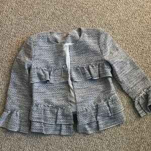 Loft Outlet Tweed Ruffle Open Front Grey Black White Blazer Size 2